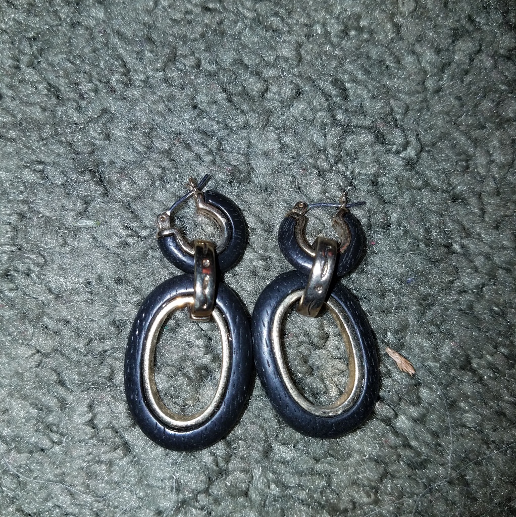 Black Wood And Gold Tone Earrings